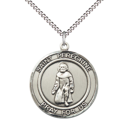 Women's .925 Sterling Silver Saint St. Peregrine Medal Pendant on 18 Inch Rhodium Plated Lite Curb Brass Chain w/ Lobster Claw Clasp, Catholic Religious Necklace - Made in USA- Deluxe Velvet Gift Box