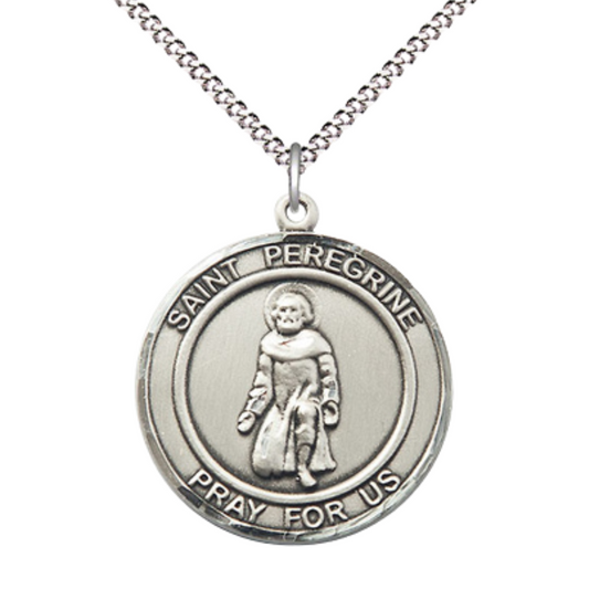 Women's .925 Sterling Silver Saint St. Peregrine Medal Pendant on 18 Inch Rhodium Plated Lite Curb Brass Chain w/ Lobster Claw Clasp, Catholic Religious Necklace - Made in USA- Deluxe Velvet Gift Box