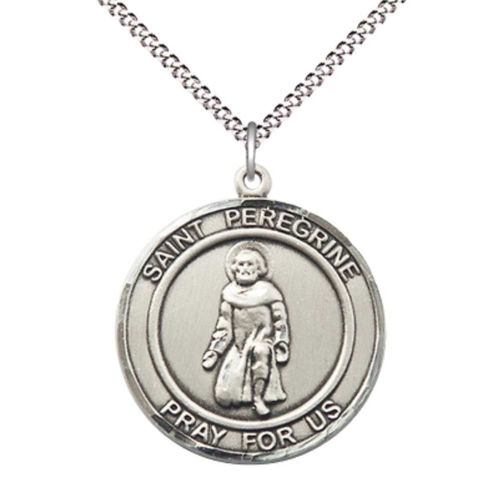 Women's Pewter Saint St. Peregrine Medal Pendant on 18 Inch Rhodium Plated Lite Curb Brass Chain w/Lobster Claw Clasp, Catholic Religious Necklace - Made in USA- Deluxe Velvet Gift Box