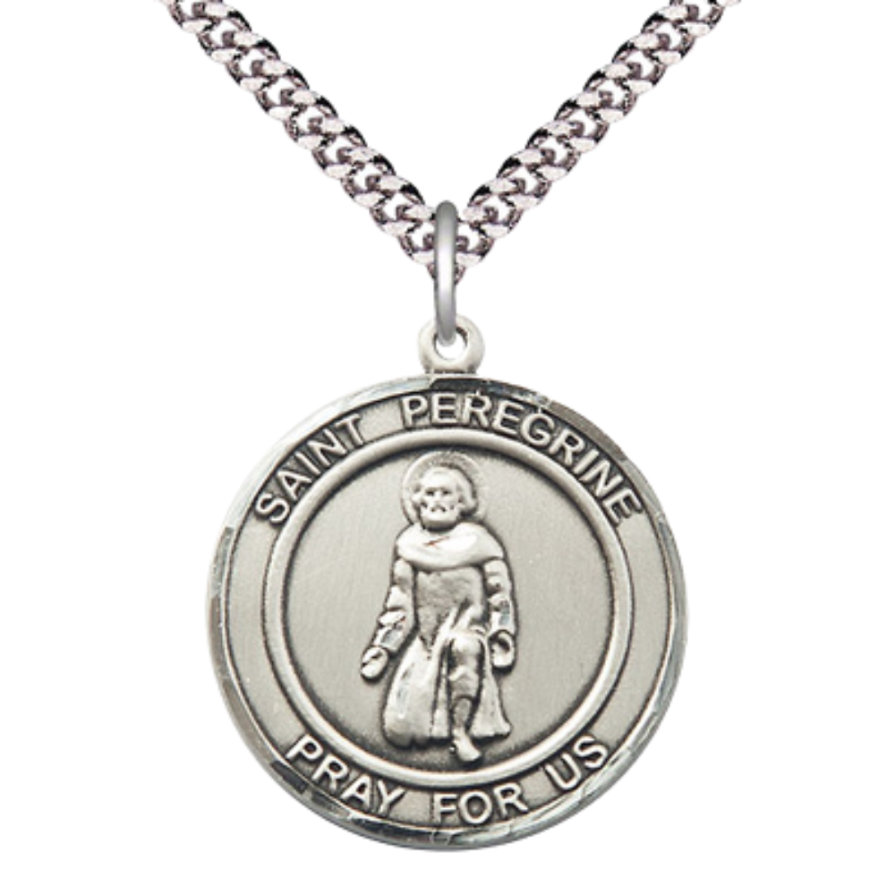 Mens 1 x 7/8" Round Pewter Saint St. Peregrine Medal Pendant on 24 Inch Rhodium Plated Heavy Curb Brass Chain with Lobster Claw clasp, Catholic Religious Necklace - Made in USA- Velvet Gift Box