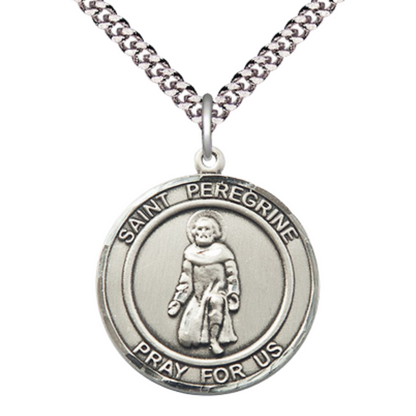 Mens 1 x 7/8" Round Pewter Saint St. Peregrine Medal Pendant on 24 Inch Rhodium Plated Heavy Curb Brass Chain with Lobster Claw clasp, Catholic Religious Necklace - Made in USA- Velvet Gift Box