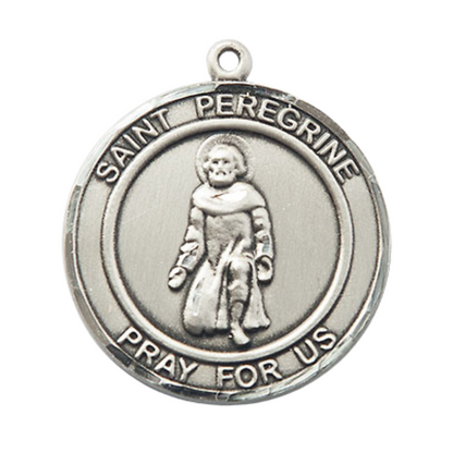 Mens .925 Sterling Silver Saint St. Peregrine Medal Pendant on 24 Inch Rhodium Plated Heavy Curb Brass Chain with Lobster Claw clasp, Catholic Religious Necklace - Made in USA- Deluxe Velvet Gift Box