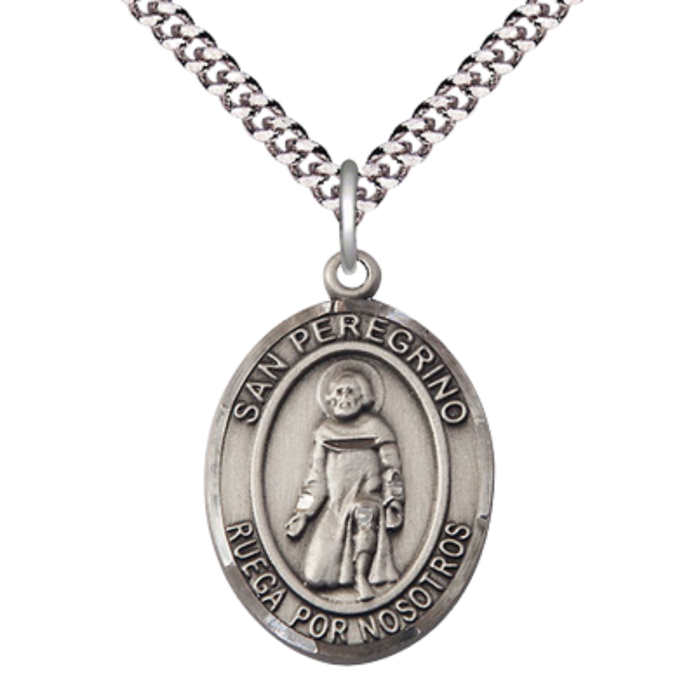 Mens 1 x 3/4" Oval Pewter Saint St. Peregrino Medal Pendant on 24 Inch Rhodium Plated Heavy Curb Brass Chain with Lobster Claw clasp, Catholic Religious Necklace - Made in USA - Deluxe Velvet Gift Box