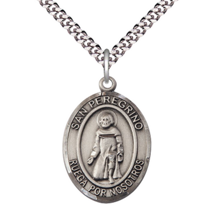 Everlasting Light Jewelry Men's Pewter San Peregrino Pendant – Necklace1 x ¾ – 24 Inch Rhodium Plated Chain – Patron Saint St. of Cancer – San Peregrino Medal, Catholic Medal – Velvet Gift Box Included