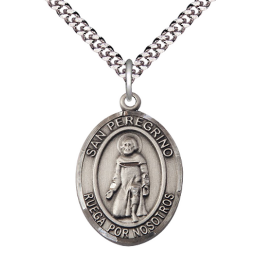 Everlasting Light Jewelry Men's Pewter San Peregrino Pendant – Necklace1 x ¾ – 24 Inch Rhodium Plated Chain – Patron Saint St. of Cancer – San Peregrino Medal, Catholic Medal – Velvet Gift Box Included
