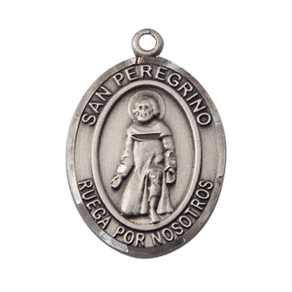 Everlasting Light Jewelry Spanish Script Men's .925 Sterling Silver Saint St. Peregrino Medal Pendant on 24 Inch Endless Rhodium Plated Heavy Curb Chain, Catholic Religious Necklace - Made in USA, Deluxe Velvet Gift Box.