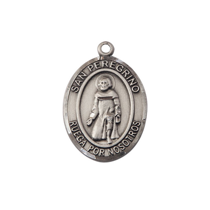 Spanish Script Women's Pewter Saint St. Peregrino Medal Pendant on 18 Inch Rhodium Plated Lite Curb Brass Chain, Catholic Religious Necklace with Lobster Claw Clasp - Made in USA, Deluxe Velvet Gift Box