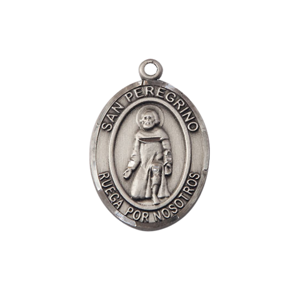 Spanish Script Women's .925 Sterling Silver Saint St. Peregrino Medal Pendant on 18 Inch Rhodium Plated Lite Curb Brass Chain, Catholic Religious Necklace with Lobster Claw Clasp - Made in USA, Deluxe Velvet Gift Box