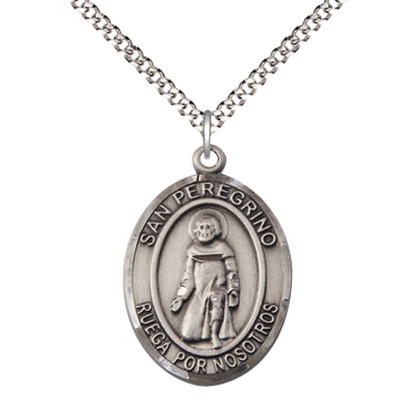 Spanish Script Women's Pewter Saint St. Peregrino Medal Pendant on 18 Inch Rhodium Plated Lite Curb Brass Chain, Catholic Religious Necklace with Lobster Claw Clasp - Made in USA, Deluxe Velvet Gift Box