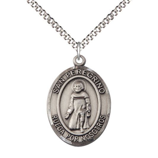 Spanish Script Women's Pewter Saint St. Peregrino Medal Pendant on 18 Inch Rhodium Plated Lite Curb Brass Chain, Catholic Religious Necklace with Lobster Claw Clasp - Made in USA, Deluxe Velvet Gift Box