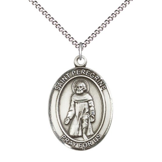 Women's .925 Sterling Silver Saint St. Peregrine Laziosi Medal Pendant on 18 Inch Rhodium Plated Lite Curb Brass Chain w/ Lobster Claw Clasp, Catholic Religious Necklace - Made in USA- Deluxe Velvet Gift Box
