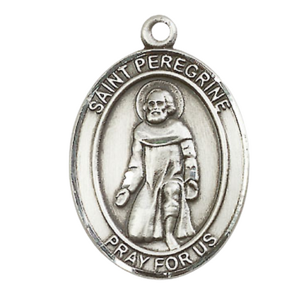 Women's Pewter Saint St. Peregrine Laziosi Medal Pendant on 18 Inch Rhodium Plated Lite Curb Brass Chain w/ Lobster Claw Clasp, Catholic Religious Necklace - Made in USA- Deluxe Velvet Gift Box