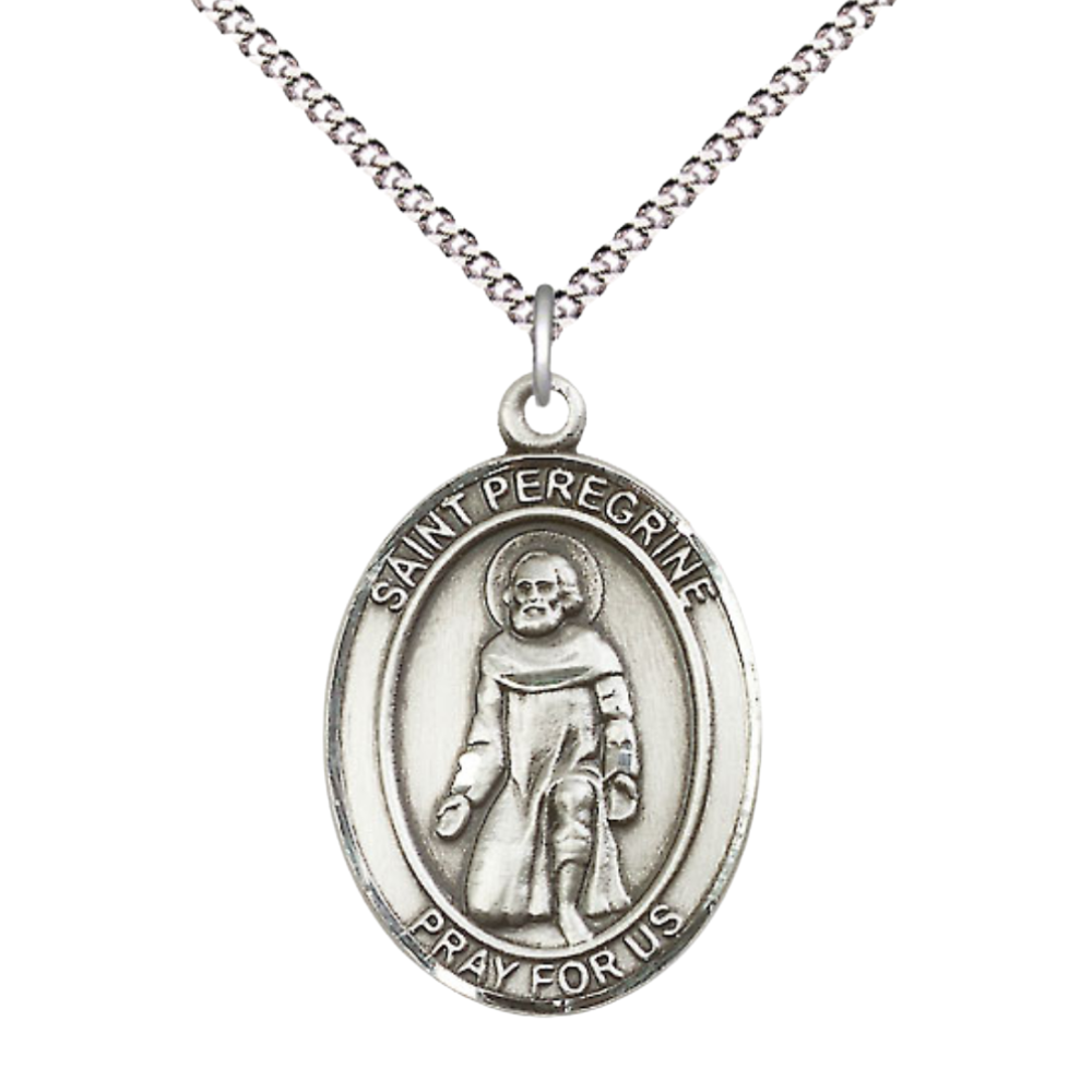 Women's Pewter Saint St. Peregrine Laziosi Medal Pendant on 18 Inch Rhodium Plated Lite Curb Brass Chain w/ Lobster Claw Clasp, Catholic Religious Necklace - Made in USA- Deluxe Velvet Gift Box