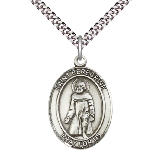 Sterling Silver Saint Peregrine Laziosi Medal – Patron Saint of Cancer & Healing with 24” Light Rhodium Heavy Curb Chain
