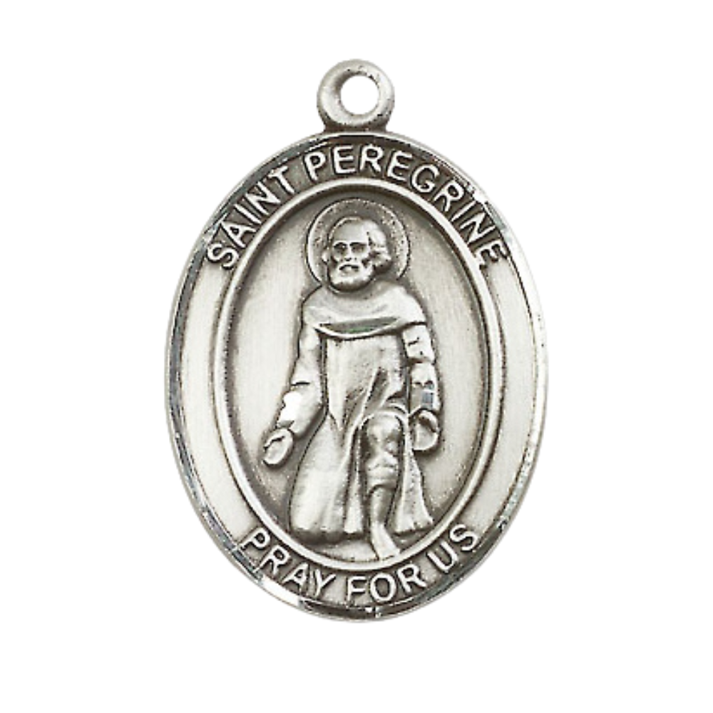 Sterling Silver Saint Peregrine Laziosi Medal – Patron Saint of Cancer & Healing with 24” Light Rhodium Heavy Curb Chain