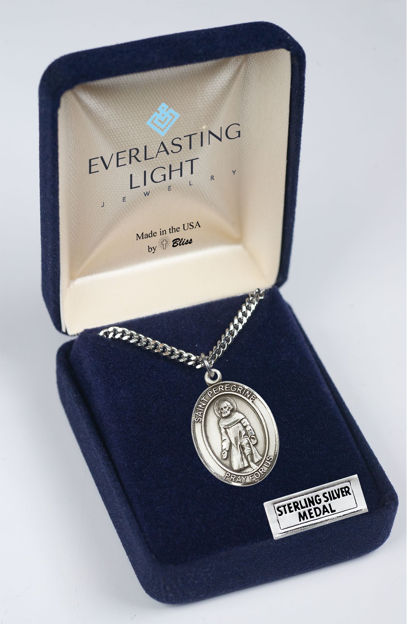 Saint St. Peregrine Laziosi Medal – Men's .925 Sterling Silver Pendant with 24- Inch Light Rhodium Plated Heavy Curb Chain – Patron Saint St. of Cancer Patients & Healing, Catholic Medal – Velvet Gift Box Included