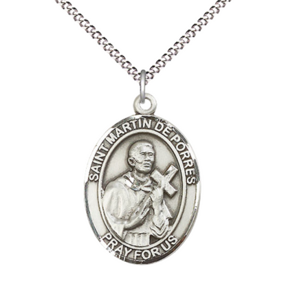 Women's .925 Sterling Silver Saint St. Martin de Porres Medal Pendant on 18 Inch Rhodium Plated Lite Curb Brass Chain w/ Lobster Claw Clasp, Catholic Religious Necklace - Made in USA- Deluxe Velvet Gift Box