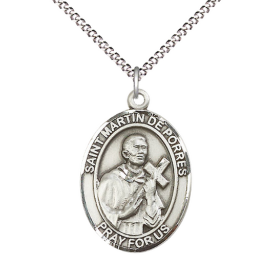 Women's .925 Sterling Silver Saint St. Martin de Porres Medal Pendant on 18 Inch Rhodium Plated Lite Curb Brass Chain w/ Lobster Claw Clasp, Catholic Religious Necklace - Made in USA- Deluxe Velvet Gift Box