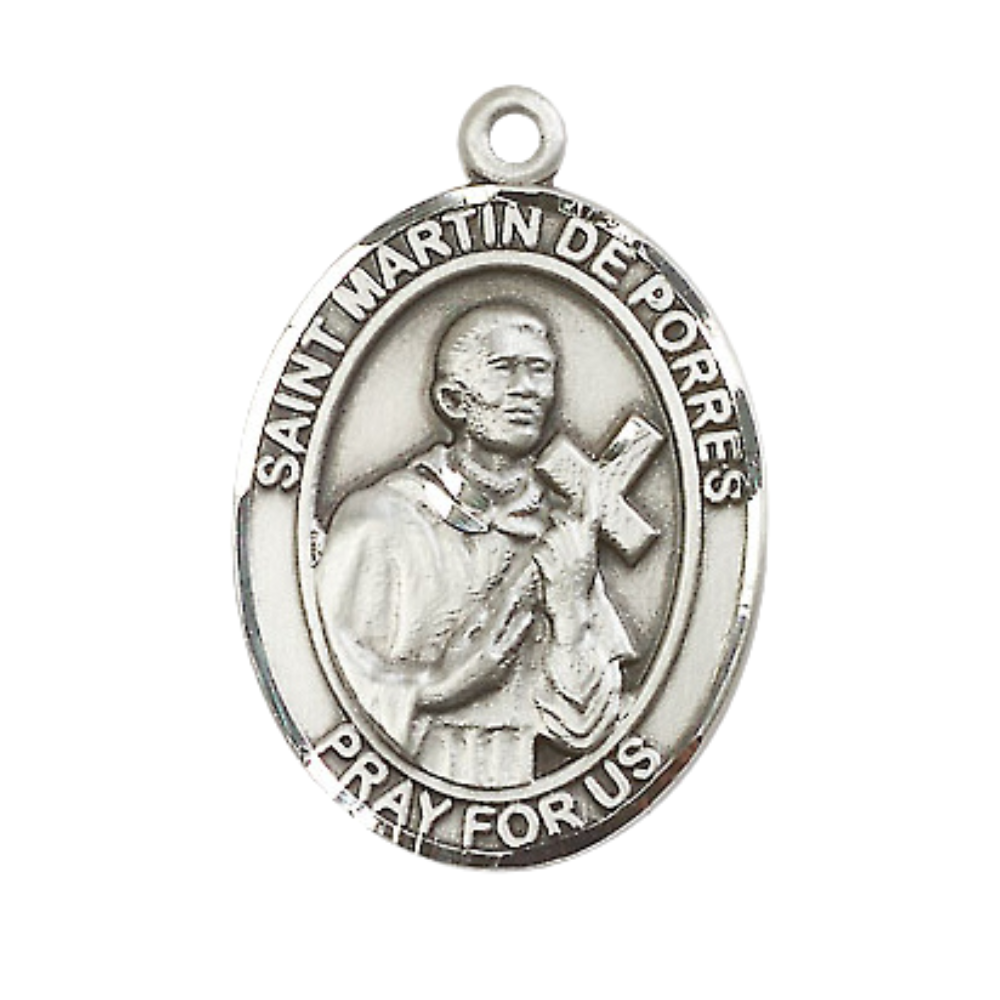 Mens Oval Pewter Saint Martin de Porres Medal Pendant on 24" Rhodium Plated Heavy Curb Brass Chain with Lobster Claw clasp , Catholic Religious Necklace -Made in USA - Deluxe Velvet Gift Box