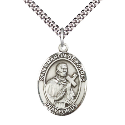 Saint St. Martin de Porres Men's .925 Sterling Silver Medal Necklace– Patron Saint St. of Bi- Racial People – 24 Inch Light Rhodium Plated Heavy Curb Chain, Catholic Medal – Velvet Gift Box