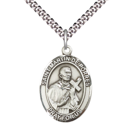 Saint St. Martin de Porres Men's Pewter Medal Necklace– Patron Saint St. of Bi -Racial People – 24 Inch Light Endless Rhodium Plated Chain, Catholic Medal – Velvet Gift Box