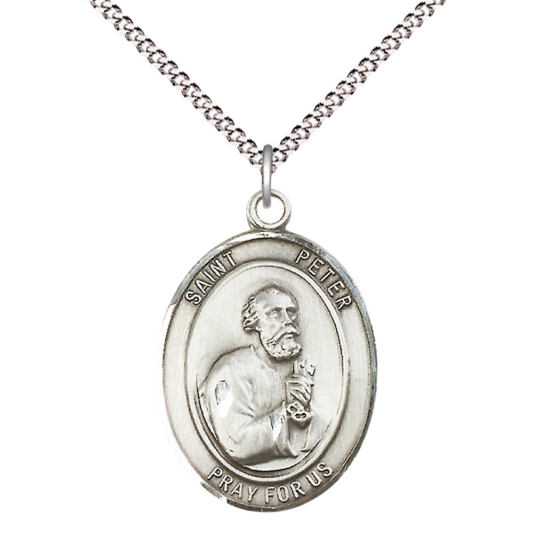 Women's Pewter Patron Saint St. Peter the Apostle Medal Pendant with 18 Inch Rhodium Plated Lite Curb Brass Chain Catholic Religious Necklace - Made in USA, Deluxe Velvet Gift Box