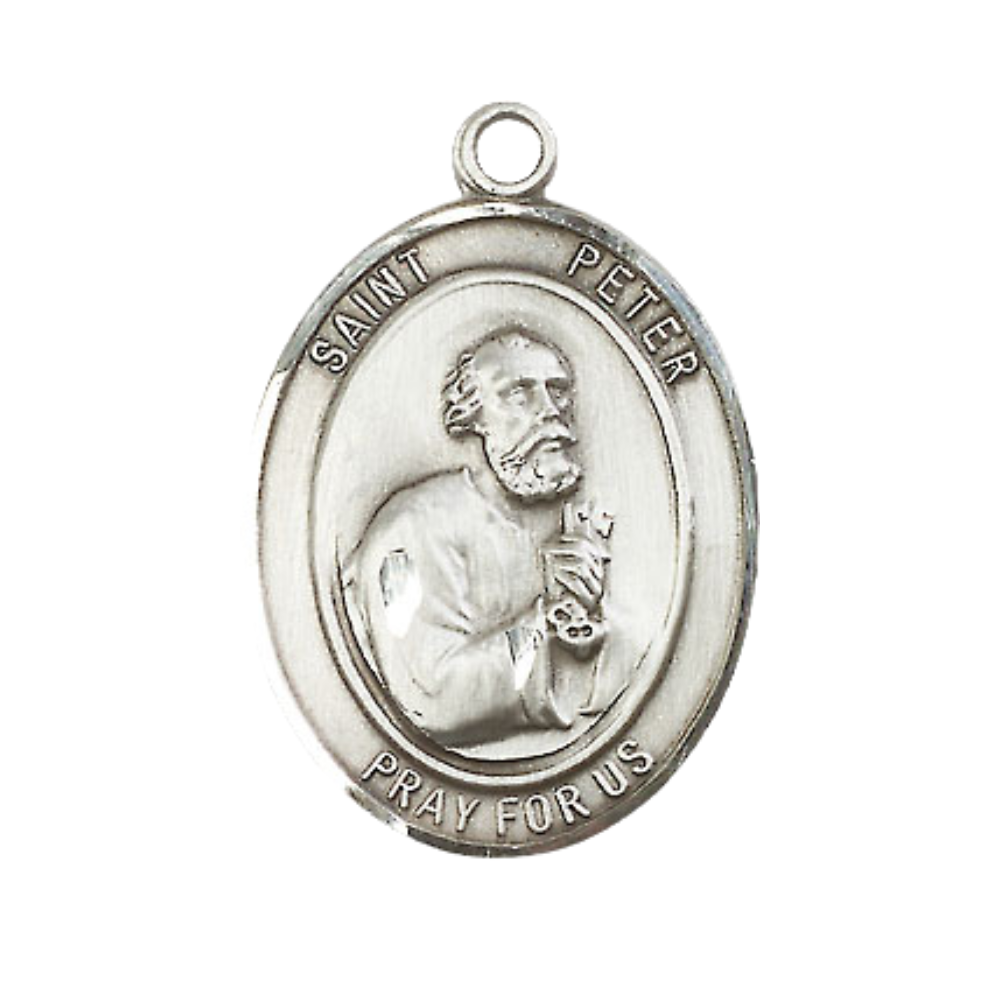Women's Pewter Patron Saint St. Peter the Apostle Medal Pendant with 18 Inch Rhodium Plated Lite Curb Brass Chain Catholic Religious Necklace - Made in USA, Deluxe Velvet Gift Box