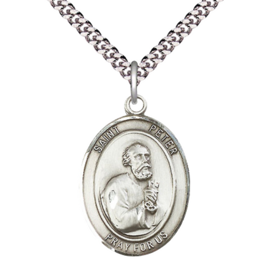 Saint Peter the Apostle Men's Sterling Silver Medal – Patron Saint of Butchers & Fishermen – 24” Light Rhodium Plated Heavy Curb Chain – Velvet Gift Box