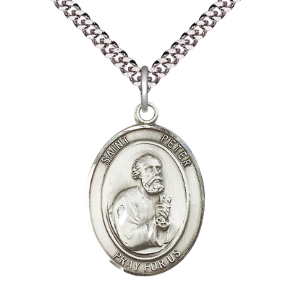 Saint Peter the Apostle Men's Pewter Medal Necklace – Patron Saint of Butchers & Fishermen – 24” Light Endless Rhodium Plated Chain – Velvet Gift Box