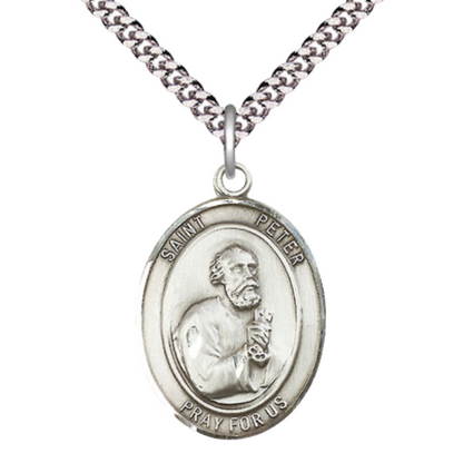 Saint Peter the Apostle Men's Pewter Medal Necklace – Patron Saint of Butchers & Fishermen – 24” Light Endless Rhodium Plated Chain – Velvet Gift Box
