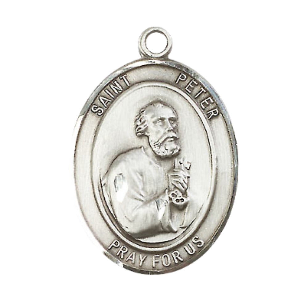 Saint Peter the Apostle Men's Pewter Medal Necklace – Patron Saint of Butchers & Fishermen – 24” Light Endless Rhodium Plated Chain – Velvet Gift Box