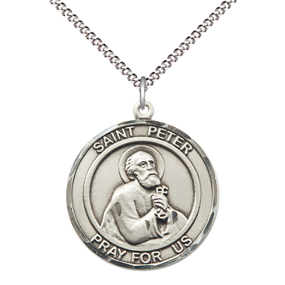 Everlasting Light Jewelry Women's Pewter Patron Saint St. Peter the Apostle Medal Pendant with 18 Inch Rhodium Plated Lite Curb Brass Chain Catholic Religious Necklace - Made in USA, Deluxe Velvet Gift Box