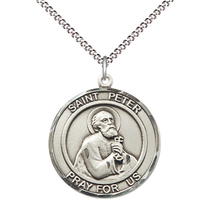 Everlasting Light Jewelry Women's Pewter Patron Saint St. Peter the Apostle Medal Pendant with 18 Inch Rhodium Plated Lite Curb Brass Chain Catholic Religious Necklace - Made in USA, Deluxe Velvet Gift Box