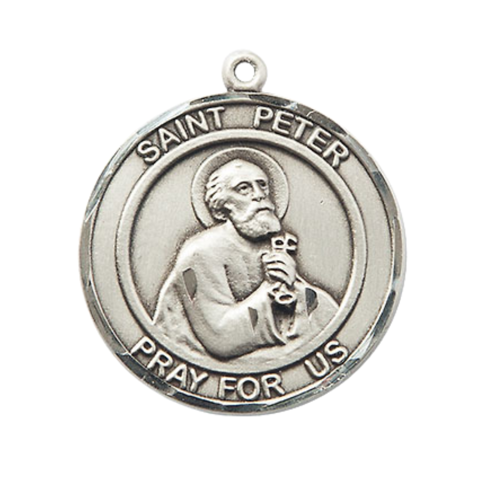 Everlasting Light Jewelry Women's Pewter Patron Saint St. Peter the Apostle Medal Pendant with 18 Inch Rhodium Plated Lite Curb Brass Chain Catholic Religious Necklace - Made in USA, Deluxe Velvet Gift Box