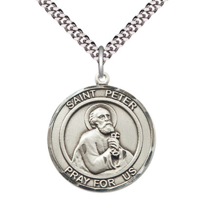 Men's .925 Sterling Silver Saint St. Peter the Apostle Medal Pendant Christian Necklace – 1" x ?" – 24 Inch Endless Rhodium Plated Chain – Patron Saint St. of Butchers & Fishermen, Catholic Medal – Velvet Gift Box Included