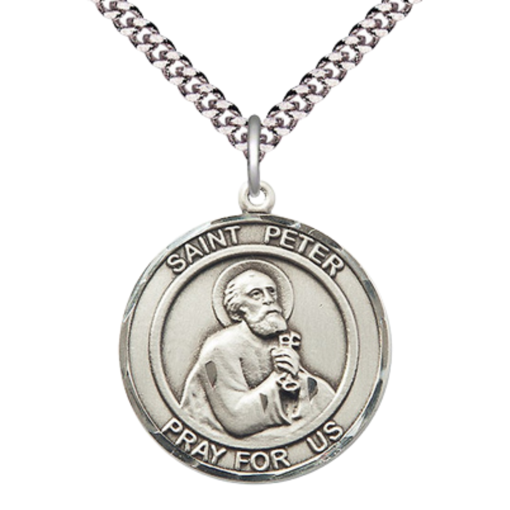 Mens Round Pewter Saint Peter the Apostle Medal Pendant on 24" Rhodium Plated Heavy Curb Brass Chain with Lobster Claw clasp, Catholic Religious Necklace -Made in USA- Deluxe Velvet Gift Box