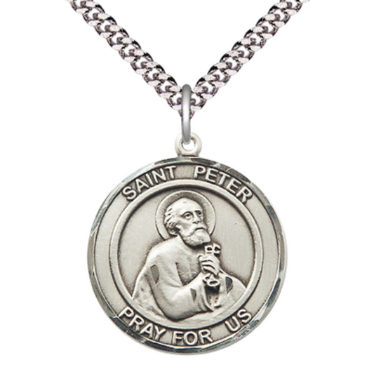 Mens Round Pewter Saint Peter the Apostle Medal Pendant on 24" Rhodium Plated Heavy Curb Brass Chain with Lobster Claw clasp, Catholic Religious Necklace -Made in USA- Deluxe Velvet Gift Box