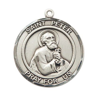 Mens .925 Sterling Silver Saint St. Peter the Apostle Medal Pendant on 24 inch Rhodium Plated Heavy Curb Brass Chain with Lobster Claw clasp, Catholic Religious Necklace - Made in USA- Velvet Gift Box