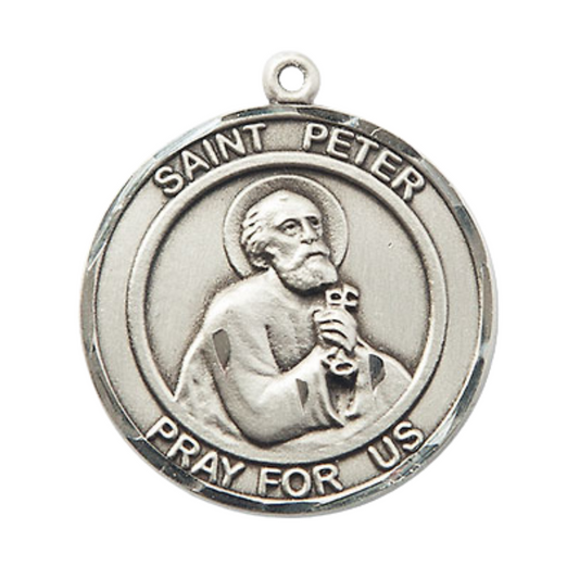 Mens .925 Sterling Silver Saint St. Peter the Apostle Medal Pendant on 24 inch Rhodium Plated Heavy Curb Brass Chain with Lobster Claw clasp, Catholic Religious Necklace - Made in USA- Velvet Gift Box