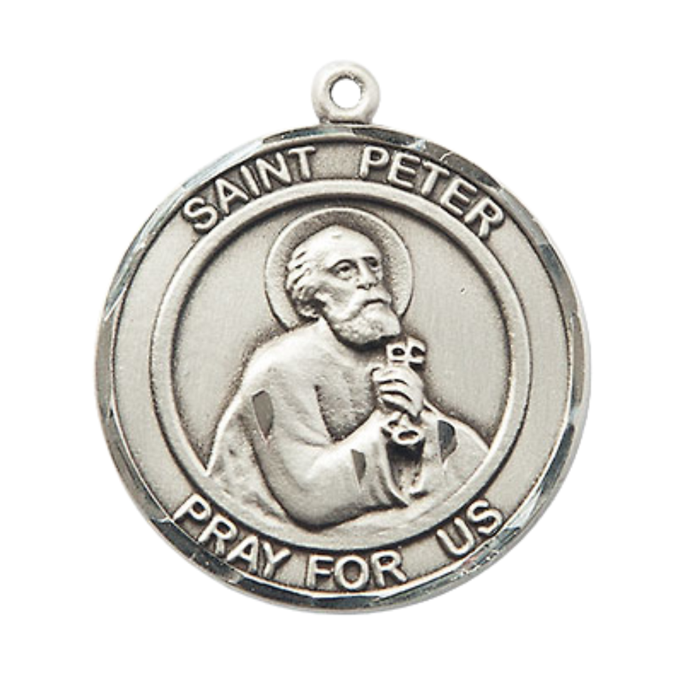 Men's .925 Sterling Silver Saint St. Peter the Apostle Medal Pendant Christian Necklace – 1" x ?" – 24 Inch Endless Rhodium Plated Chain – Patron Saint St. of Butchers & Fishermen, Catholic Medal – Velvet Gift Box Included