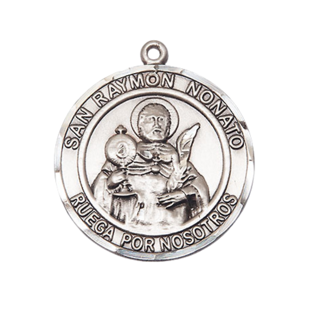 Spanish Script Women's .925 Sterling Silver Saint St. Ramon Nonato Medal Pendant on 18 Inch Rhodium Plated Lite Curb Brass Chain, Catholic Religious Necklace with Lobster Claw Clasp - Made in USA, Deluxe Velvet Gift Box