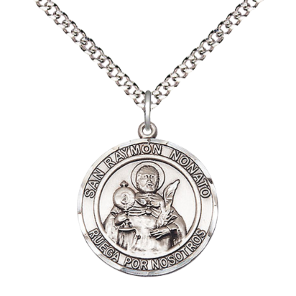 Spanish Script Women's Pewter Saint St. Ramon Nonato Medal Pendant on 18 Inch Rhodium Plated Lite Curb Brass Chain, Catholic Religious Necklace with Lobster Claw Clasp - Made in USA, Deluxe Velvet Gift Box.