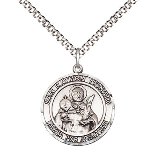 Spanish Script Women's Pewter Saint St. Ramon Nonato Medal Pendant on 18 Inch Rhodium Plated Lite Curb Brass Chain, Catholic Religious Necklace with Lobster Claw Clasp - Made in USA, Deluxe Velvet Gift Box.