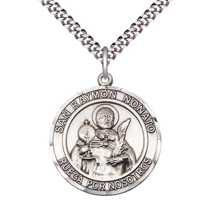 Everlasting Light Jewelry Spanish Script Men's Pewter Saint St. Ramon Nonato Medal Pendant on 24 Inch Endless Rhodium Plated Heavy Curb Chain, Catholic Religious Necklace - Made in USA - with Deluxe Velvet Gift Box