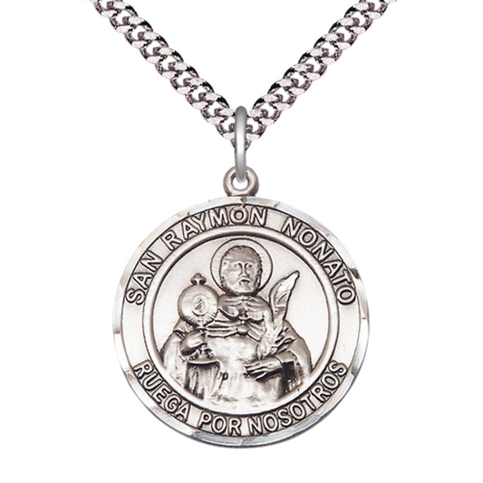 Everlasting Light Jewelry Spanish Script Men's .925 Sterling Silver Saint St. Ramon Nonato Medal Pendant on 24 Inch Endless Rhodium Plated Heavy Curb Chain, Catholic Religious Necklace - Made in USA- Deluxe Velvet Gift Box