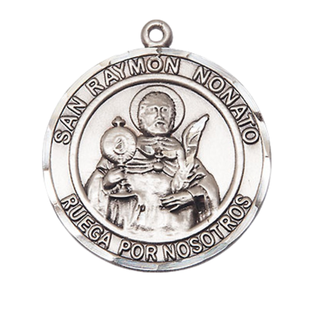 Everlasting Light Jewelry Spanish Script Men's .925 Sterling Silver Saint St. Ramon Nonato Medal Pendant on 24 Inch Endless Rhodium Plated Heavy Curb Chain, Catholic Religious Necklace - Made in USA- Deluxe Velvet Gift Box
