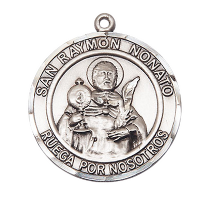 Everlasting Light Jewelry Spanish Script Men's .925 Sterling Silver Saint St. Ramon Nonato Medal Pendant on 24 Inch Endless Rhodium Plated Heavy Curb Chain, Catholic Religious Necklace - Made in USA- Deluxe Velvet Gift Box