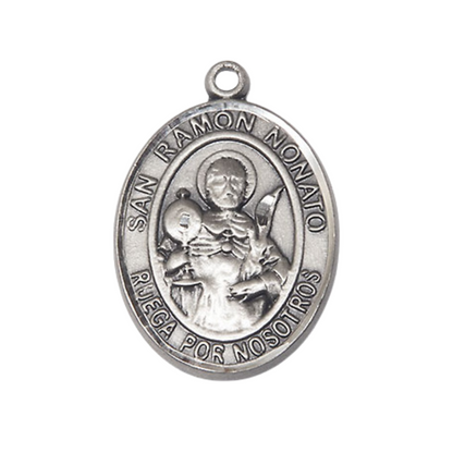 Spanish Script Women's Pewter Saint St. Ramon Nonato Medal Pendant on 18 Inch Rhodium Plated Lite Curb Brass Chain, Catholic Religious Necklace with Lobster Claw Clasp - Made in USA - with Deluxe Velvet Gift Box