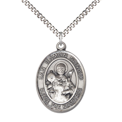 Spanish Script Women's Pewter Saint St. Ramon Nonato Medal Pendant on 18 Inch Rhodium Plated Lite Curb Brass Chain, Catholic Religious Necklace with Lobster Claw Clasp - Made in USA - with Deluxe Velvet Gift Box