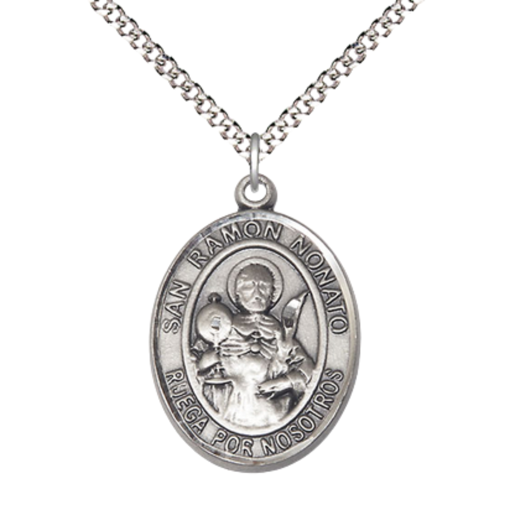 Spanish Script Women's .925 Sterling Silver Saint St. Ramon Nonato Medal Pendant on 18 Inch Rhodium Plated Lite Curb Brass Chain, Catholic Religious Necklace with Lobster Claw Clasp - Made in USA- Deluxe Velvet Gift Box